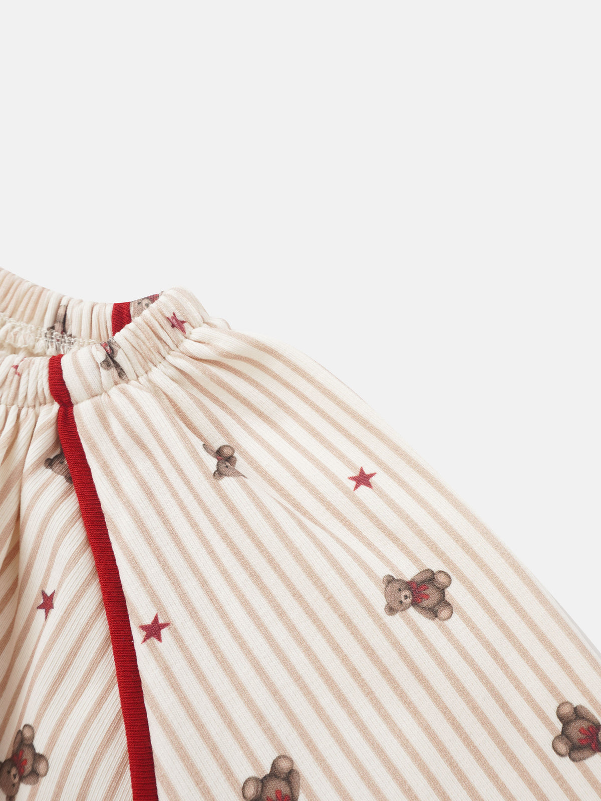 Striped bear nightgown for girls; beige and red stripes with teddy bear prints and red piping along seams