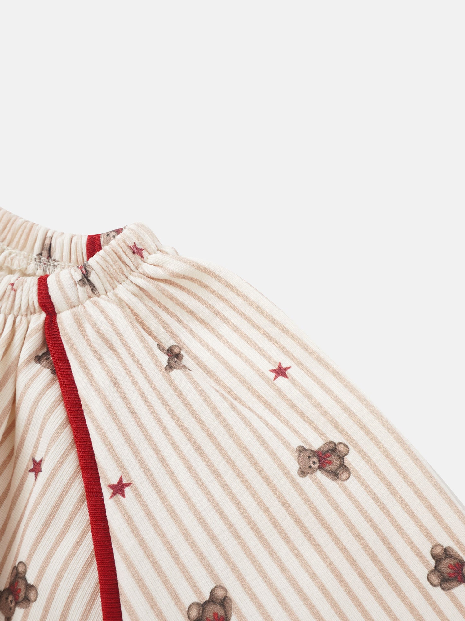 Striped bear nightgown for girls; beige and red stripes with teddy bear prints and red piping along seams