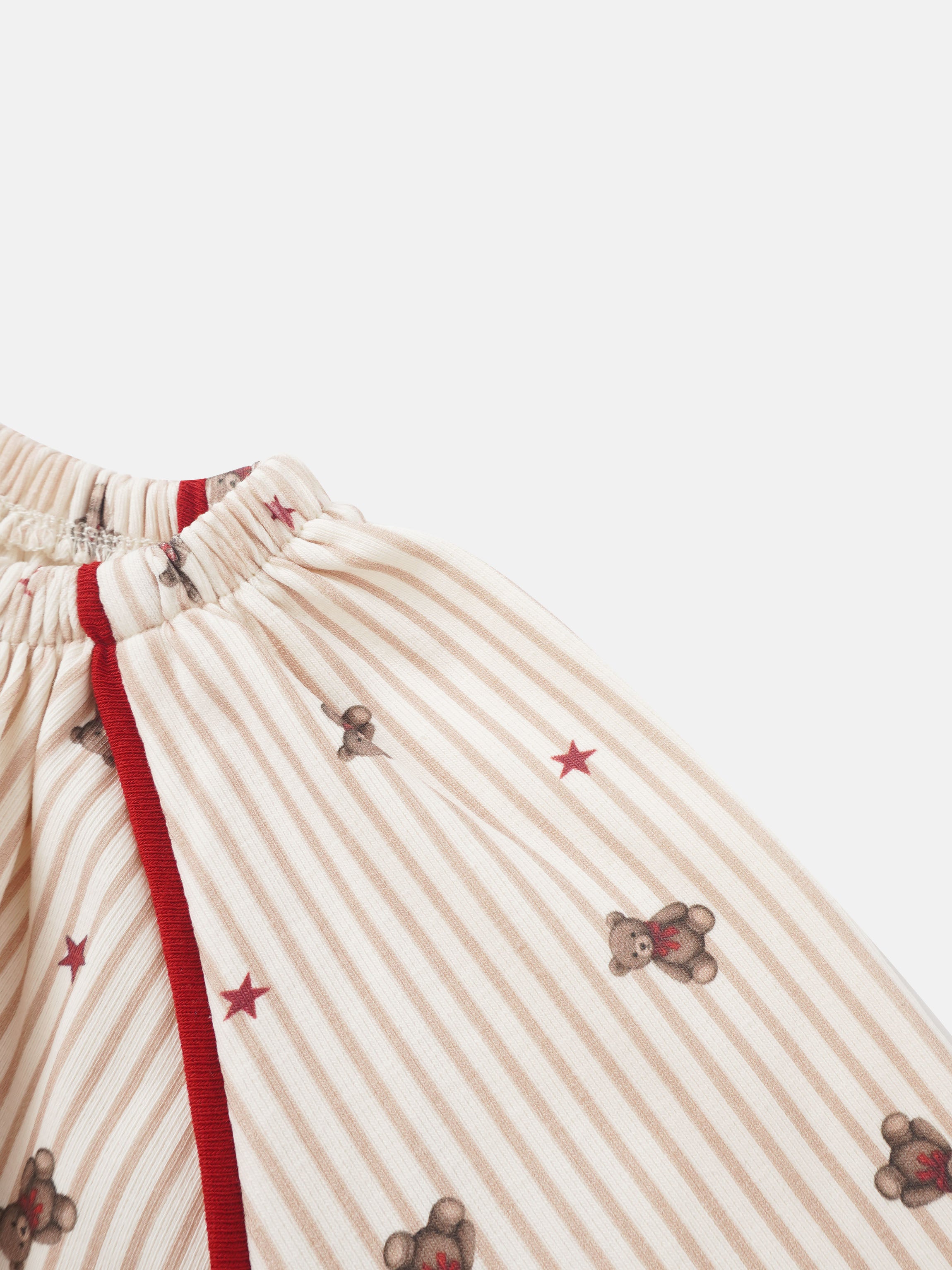 Striped bear nightgown for girls; beige and red stripes with teddy bear prints and red piping along seams