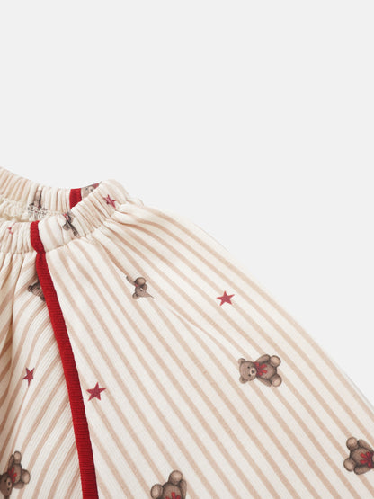 Striped bear nightgown for girls; beige and red stripes with teddy bear prints and red piping along seams