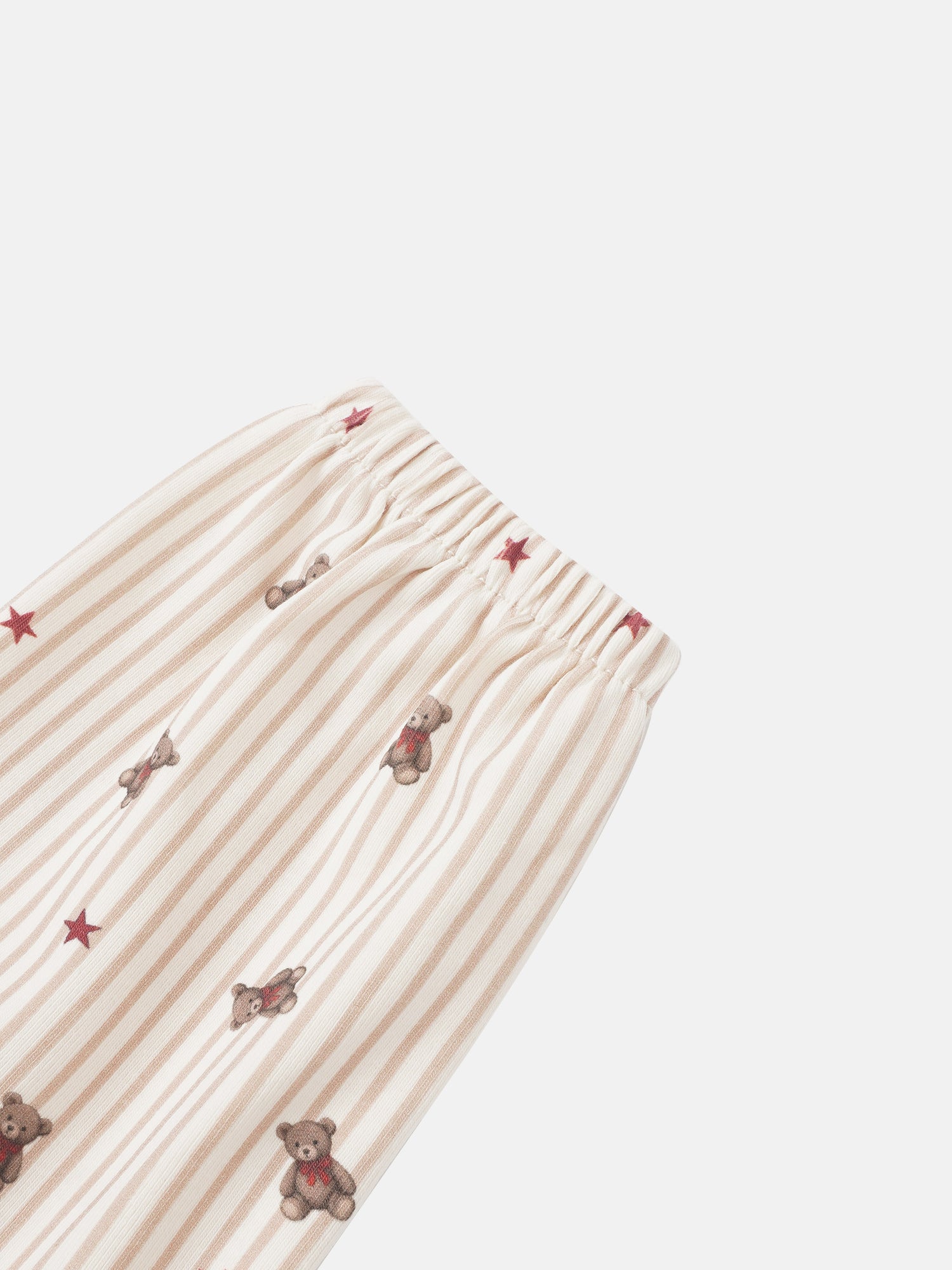 Striped bear nightgown for girls by Adee; beige/cream stripes with teddy bear and red star accents