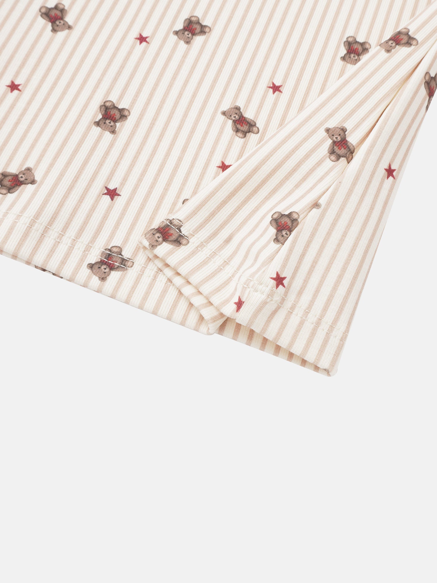 Striped bear nightgown for girls in cream-beige stripes with teddy bear motifs and red stars