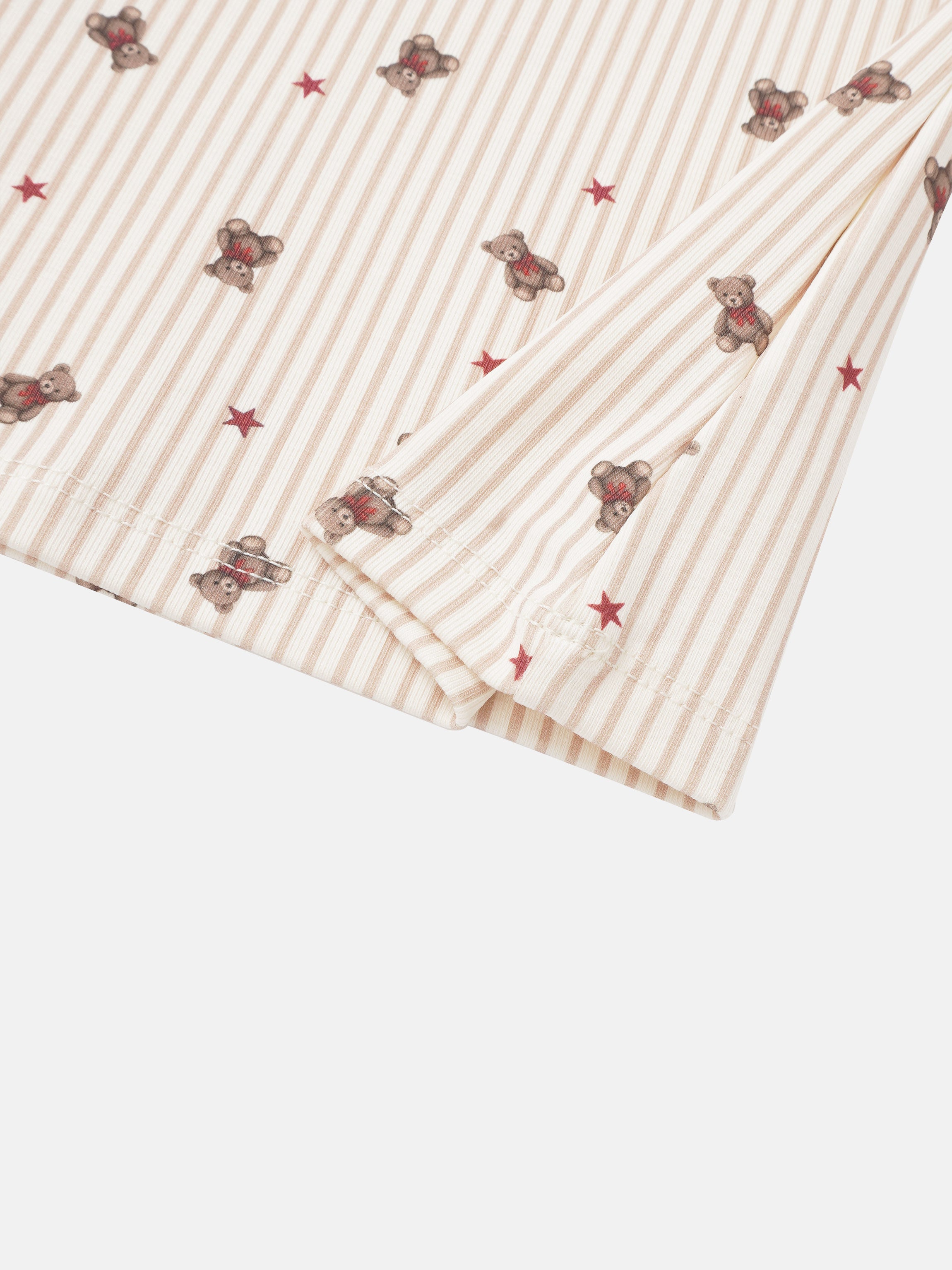Striped bear nightgown for girls in cream-beige stripes with teddy bear motifs and red stars