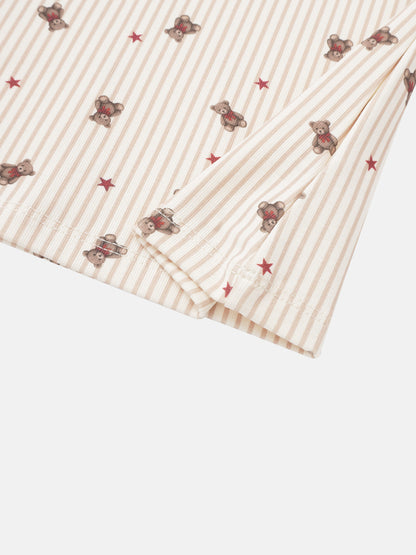 Striped bear nightgown for girls in cream-beige stripes with teddy bear motifs and red stars