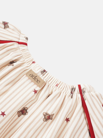 Adee striped bear nightgown for girls with beige stripes, red piping, and bear/star print