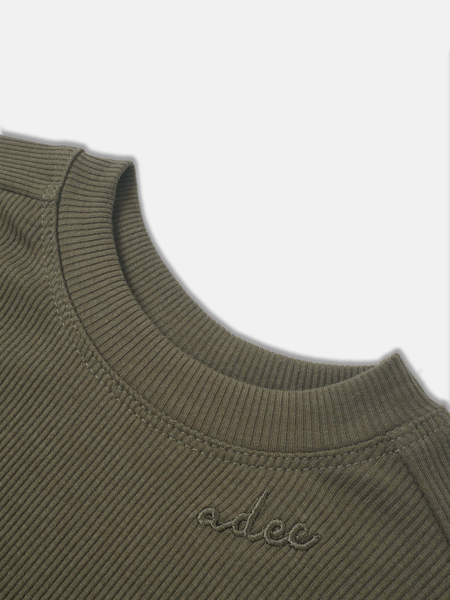 Bomber Set by Adee in olive green; unisex ribbed knit with embroidered logo.