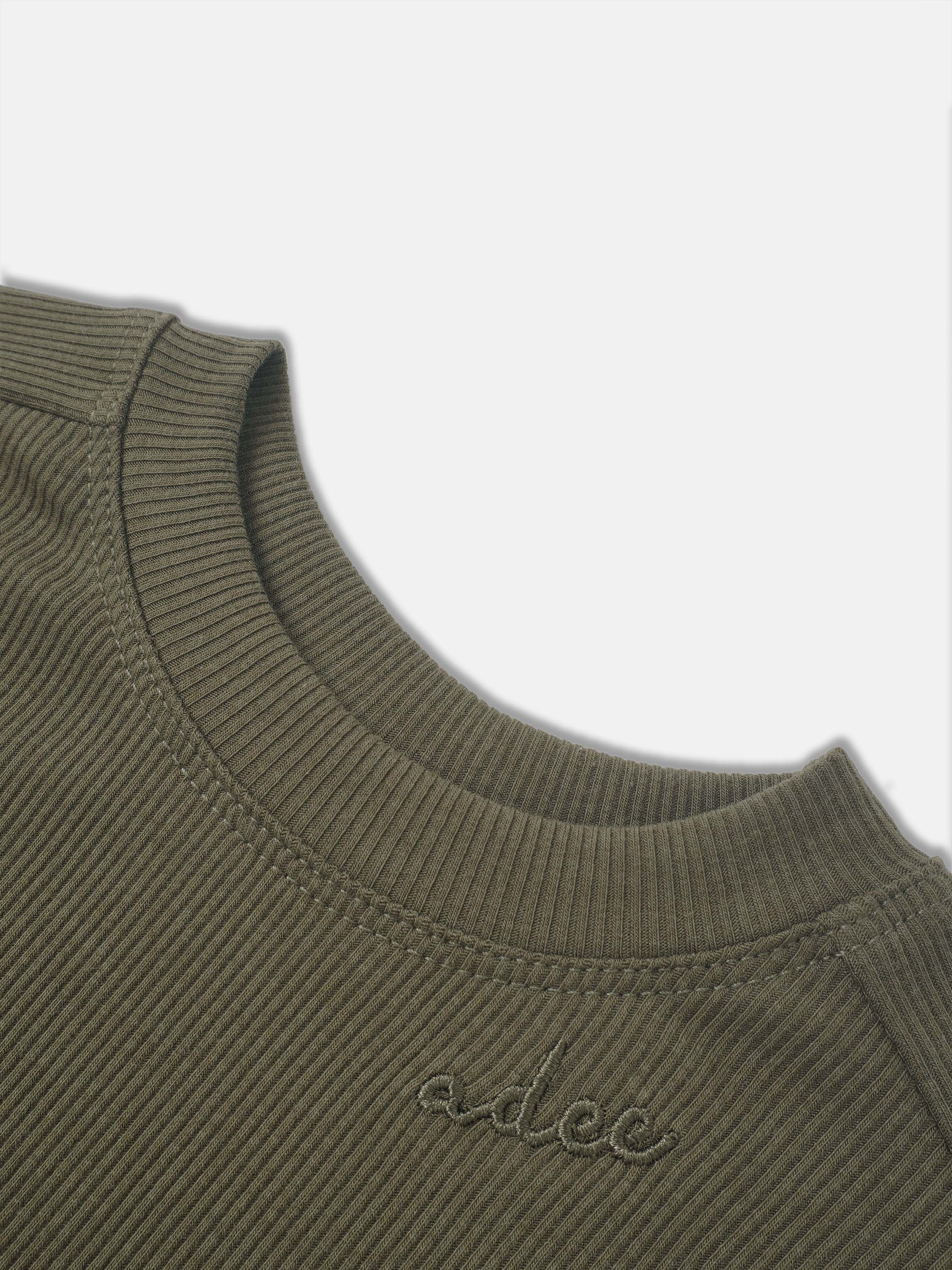 Bomber Set by Adee in olive green; unisex ribbed knit with embroidered logo.