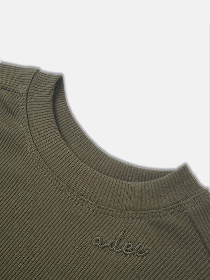 Bomber Set by Adee in olive green; unisex ribbed knit with embroidered logo.