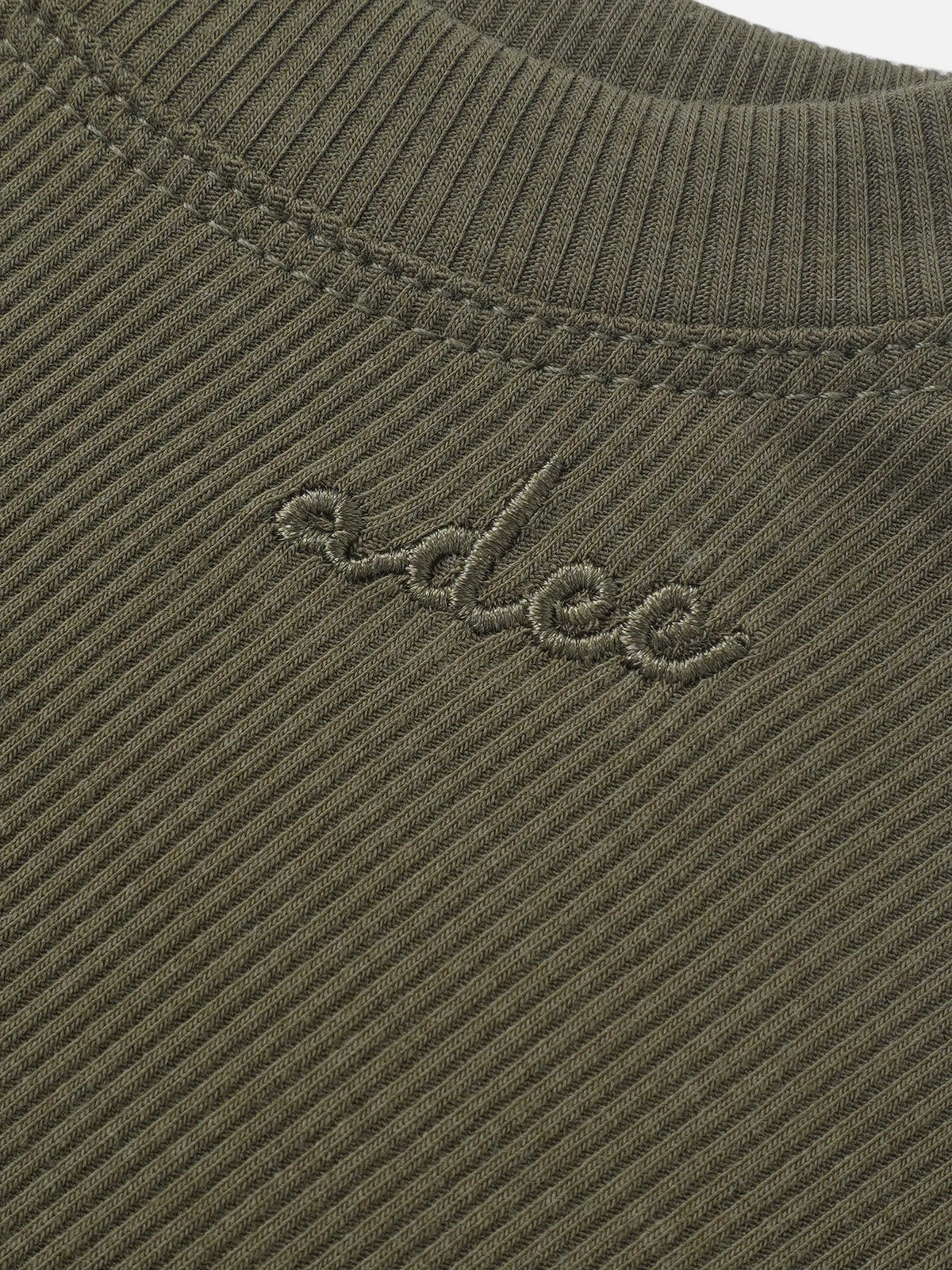 Bomber Set - Olive Green; olive-green ribbed knit fabric with Adee embroidery.