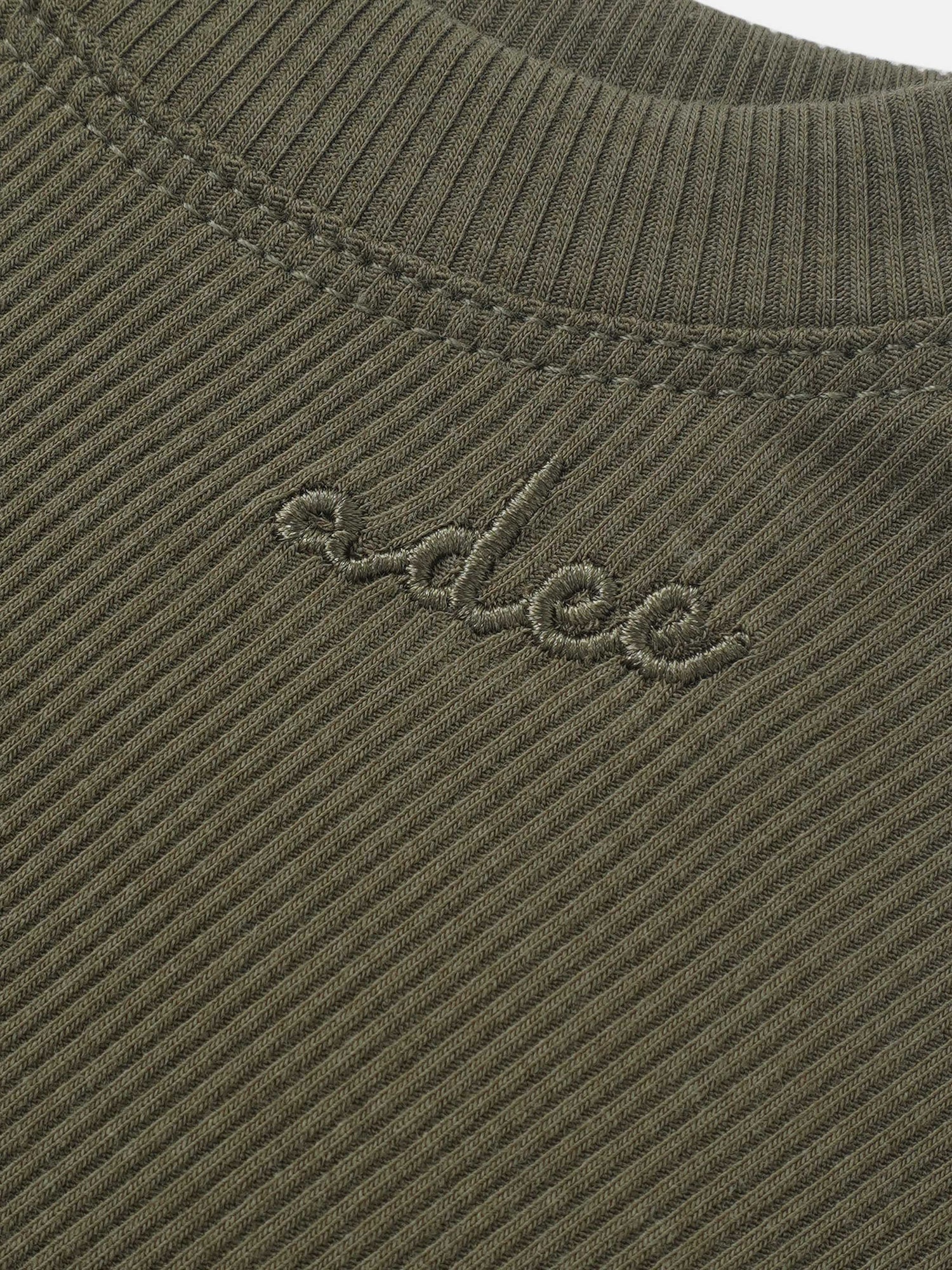 Bomber Set - Olive Green; olive-green ribbed knit fabric with Adee embroidery.