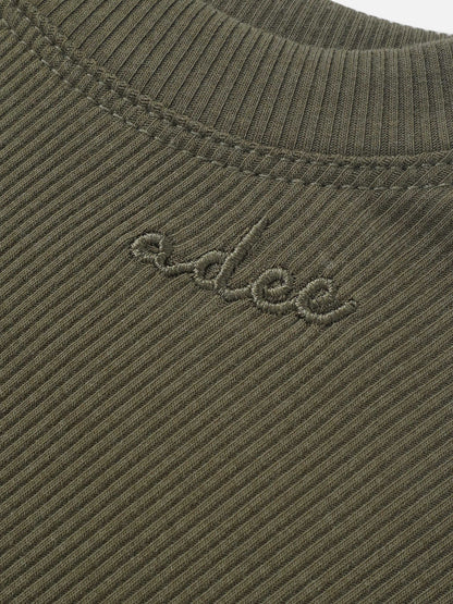 Bomber Set - Olive Green; olive-green ribbed knit fabric with Adee embroidery.