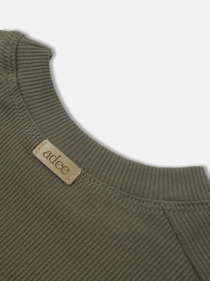 Bomber Set - Olive Green by Adee; ribbed knit fabric with beige brand tag.