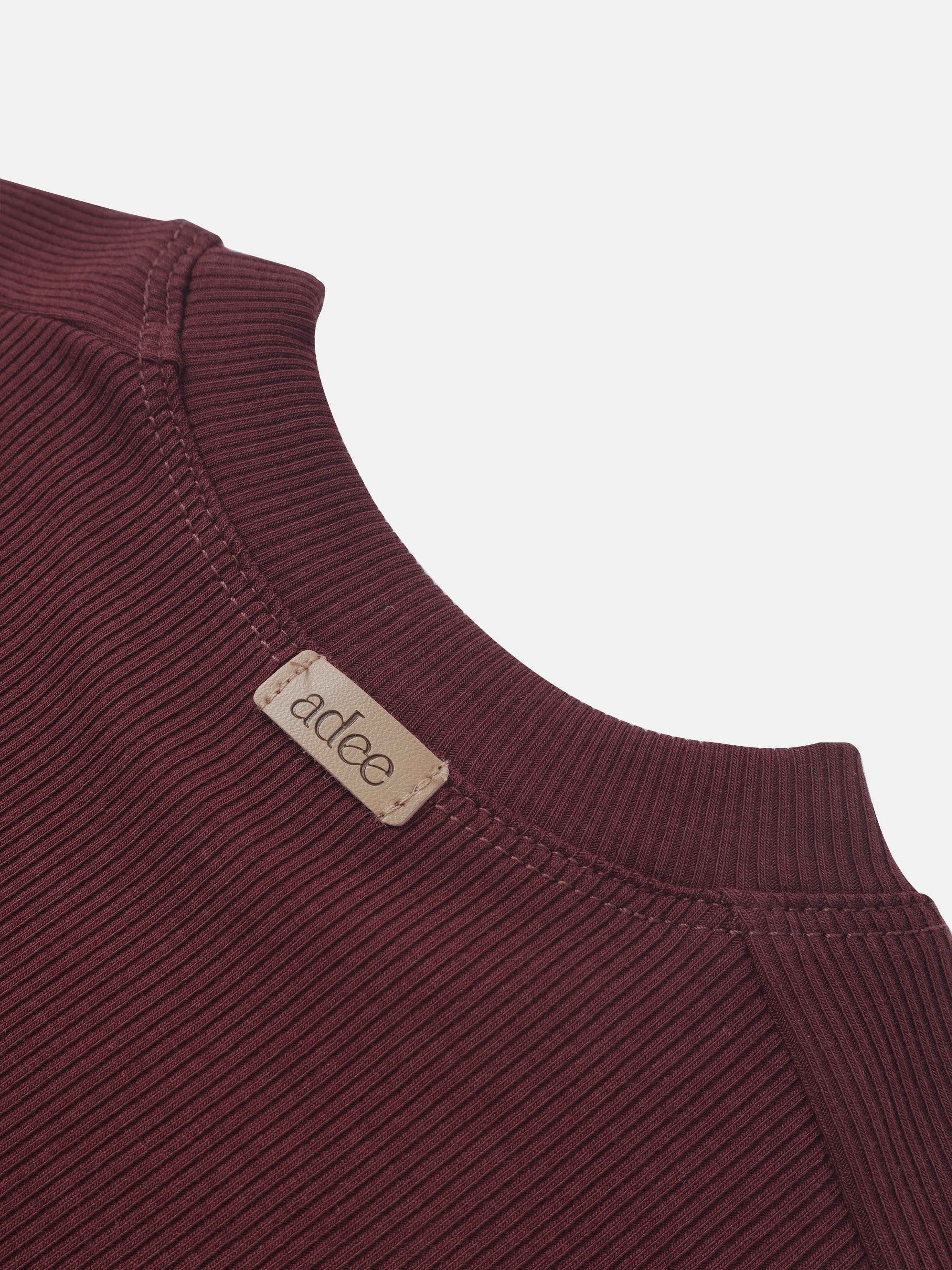 Bomber Set - Burgundy; ribbed knit collar detail with Adee brand tag