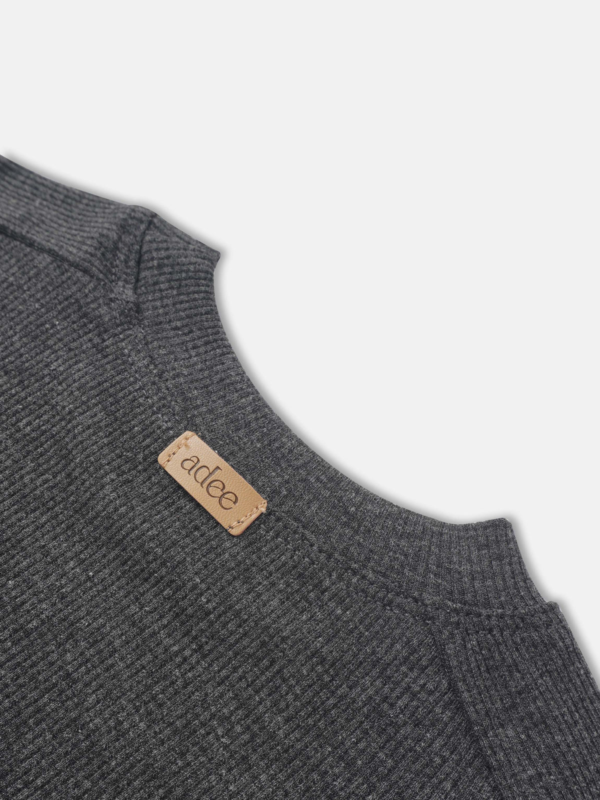 Bomber Set - Heather Grey; unisex Adee knit bomber with ribbed fabric and leather patch.
