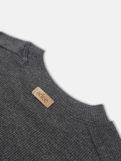 Bomber Set - Heather Grey; unisex Adee knit bomber with ribbed fabric and leather patch.