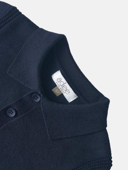 Knit navy sweater for boys, Adee brand dressy top, size 5T, close-up of shoulder with button detail.