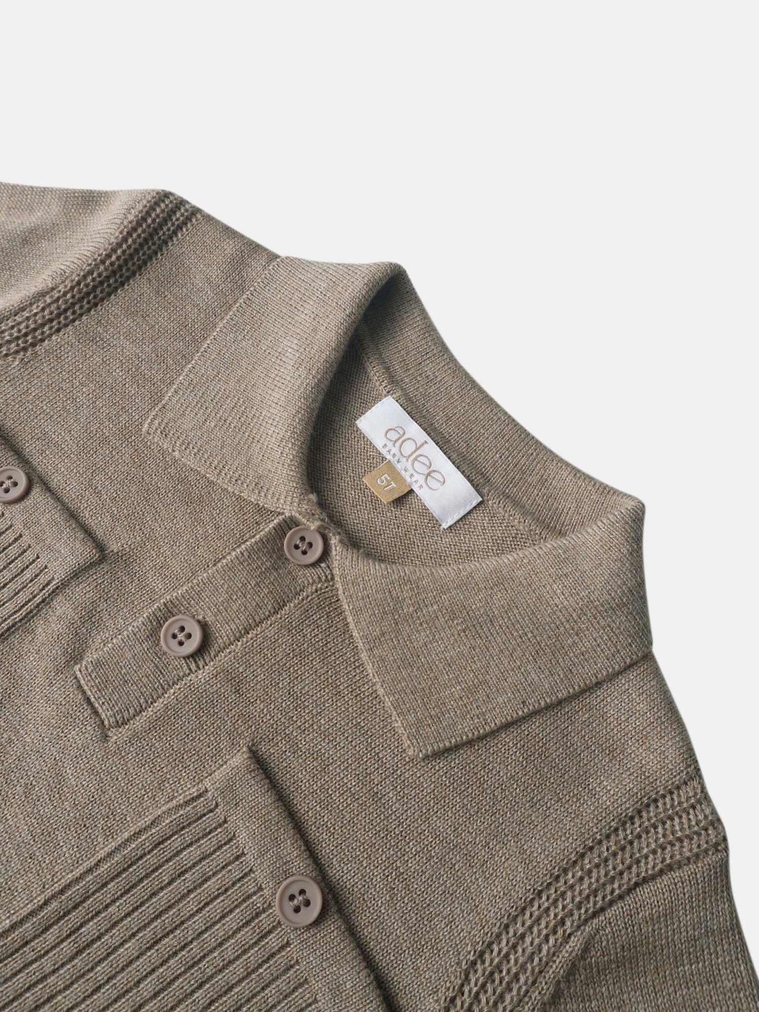 Collared knit sweater for boys in taupe with button placket and ribbed cuffs, by Adee