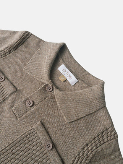 Collared knit sweater for boys in taupe with button placket and ribbed cuffs, by Adee