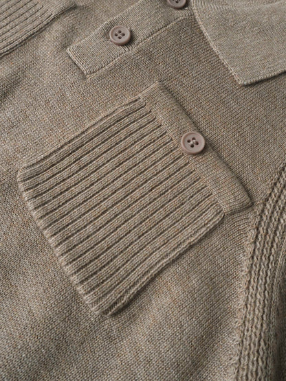 Collared knit sweater for boys dressy by Adee in taupe with ribbed cuffs and buttoned pocket