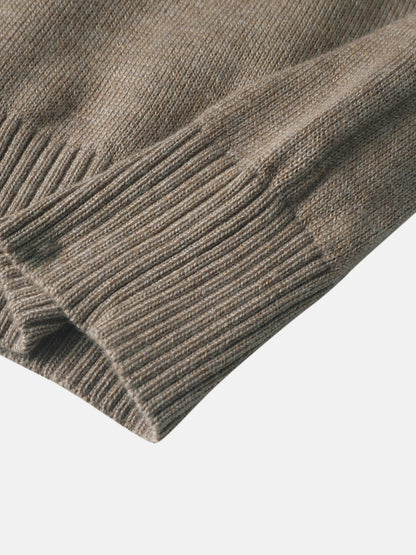 Collared knit sweater in taupe; ribbed cuffs and soft woven fabric texture