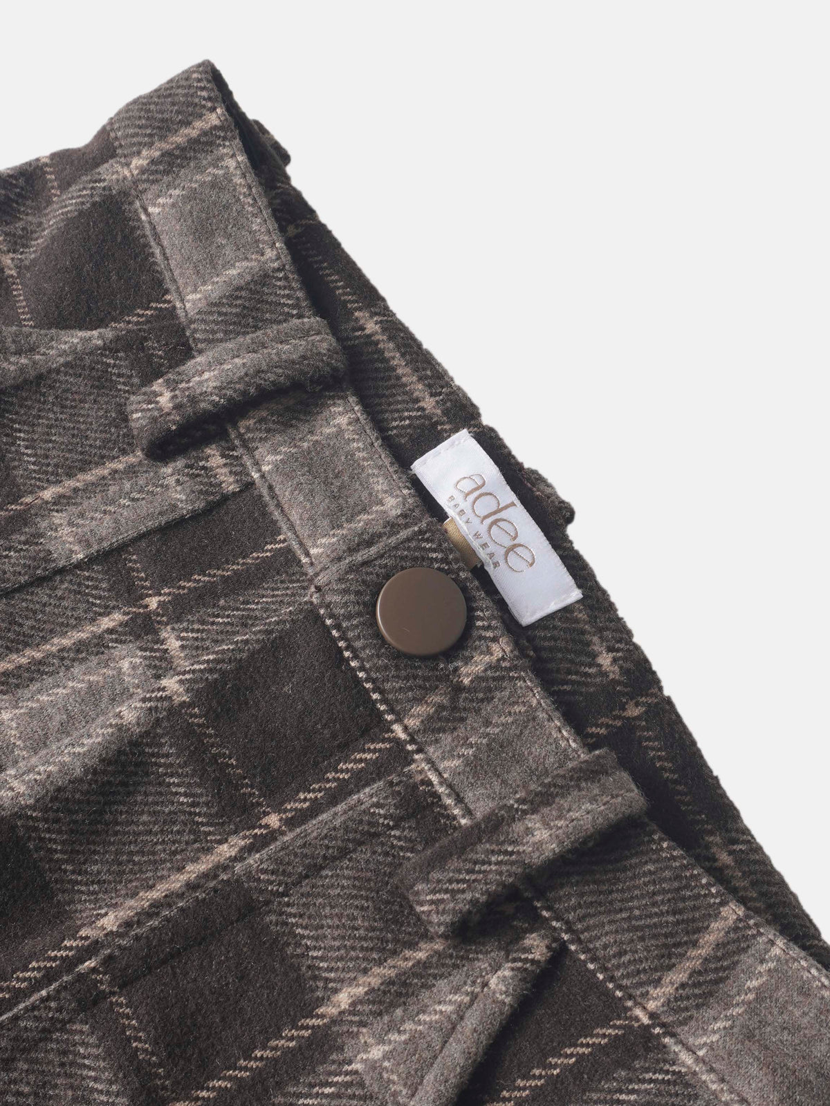 Plaid pants for boys, brown plaid fabric with a brown button, Adee brand.