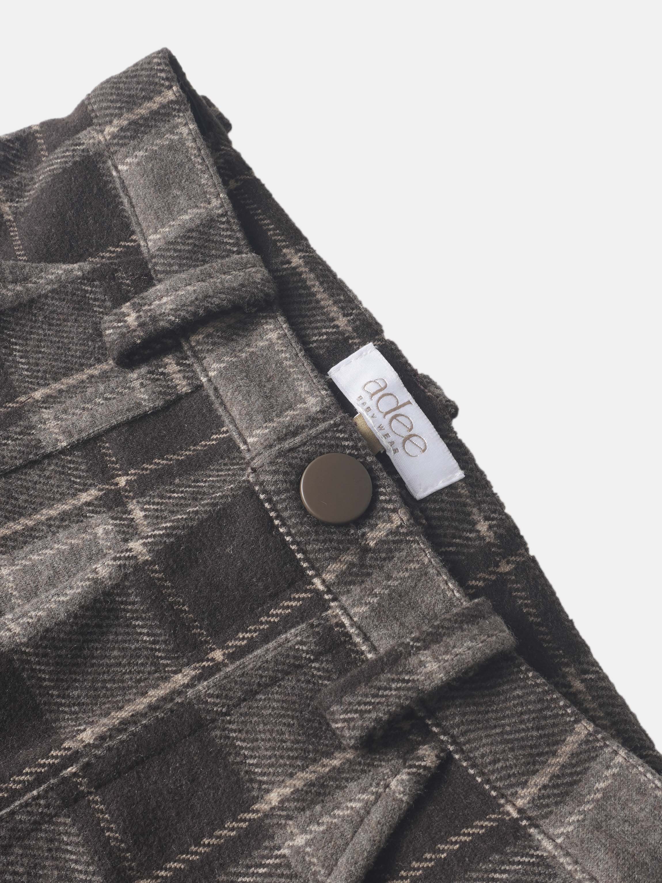 Plaid pants for boys, brown plaid fabric with a brown button, Adee brand.