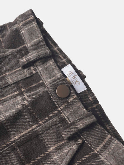 Plaid pants for boys, brown plaid fabric with a brown button, Adee brand.