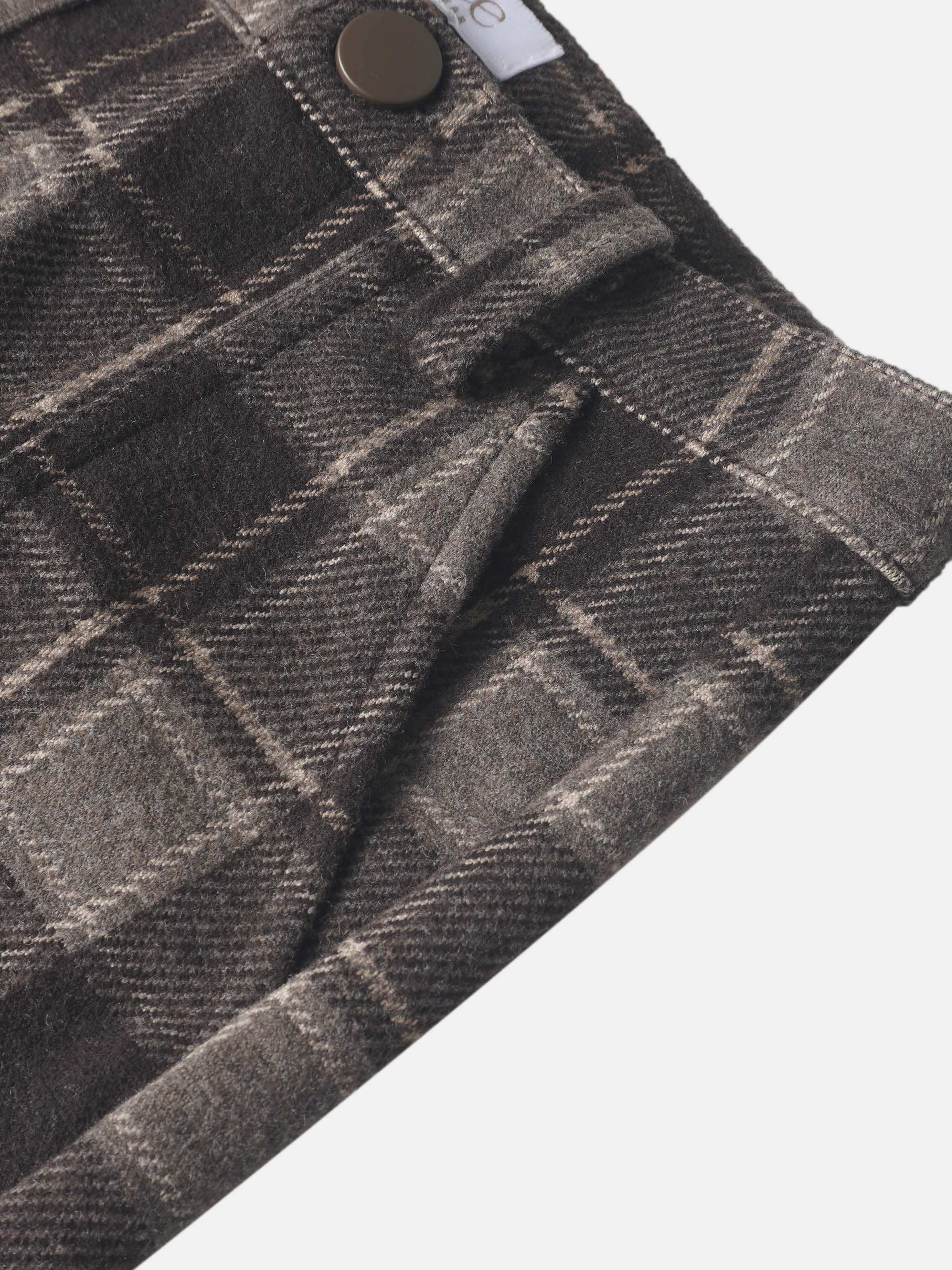 Plaid brown dressy boys pants by Adee; close-up waistband with button