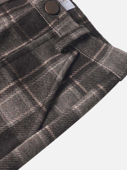 Plaid brown dressy boys pants by Adee; close-up waistband with button