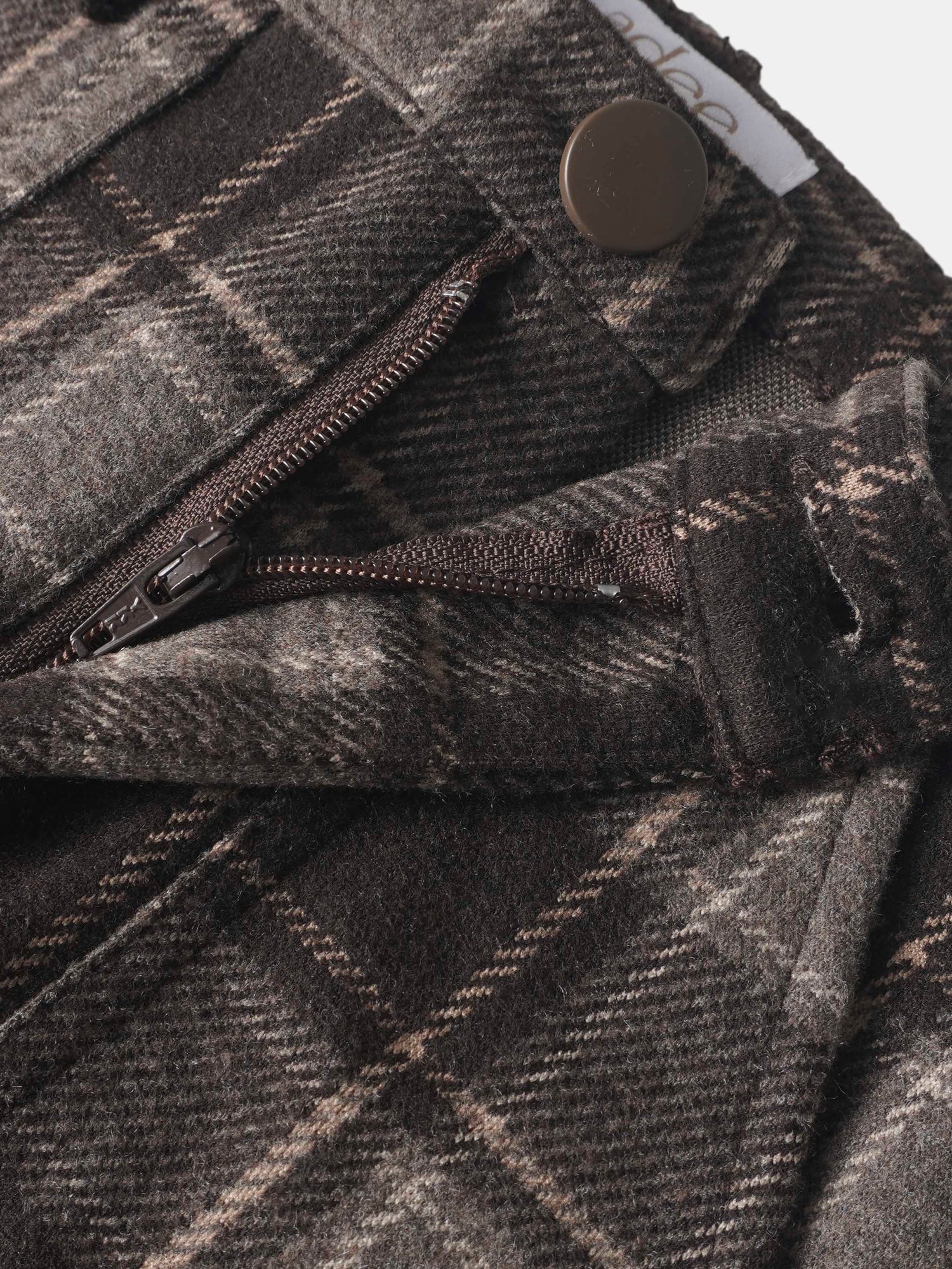 Plaid pants for boys, brown dressy bottoms with zipper and button.