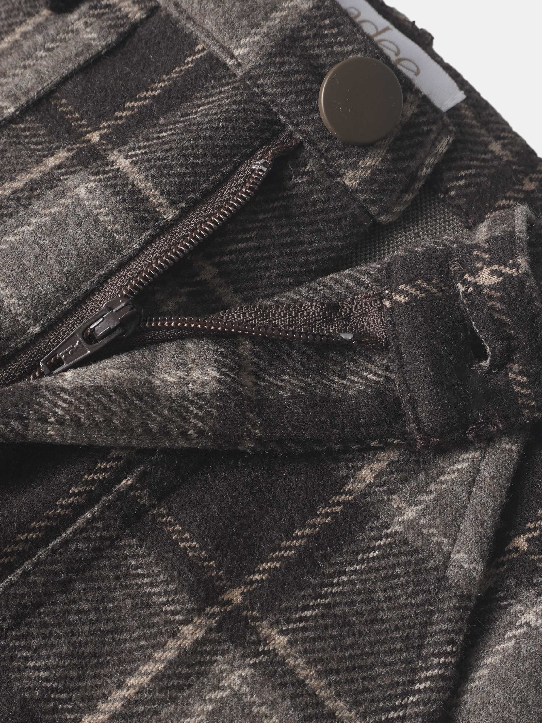Plaid pants for boys, brown dressy bottoms with zipper and button.