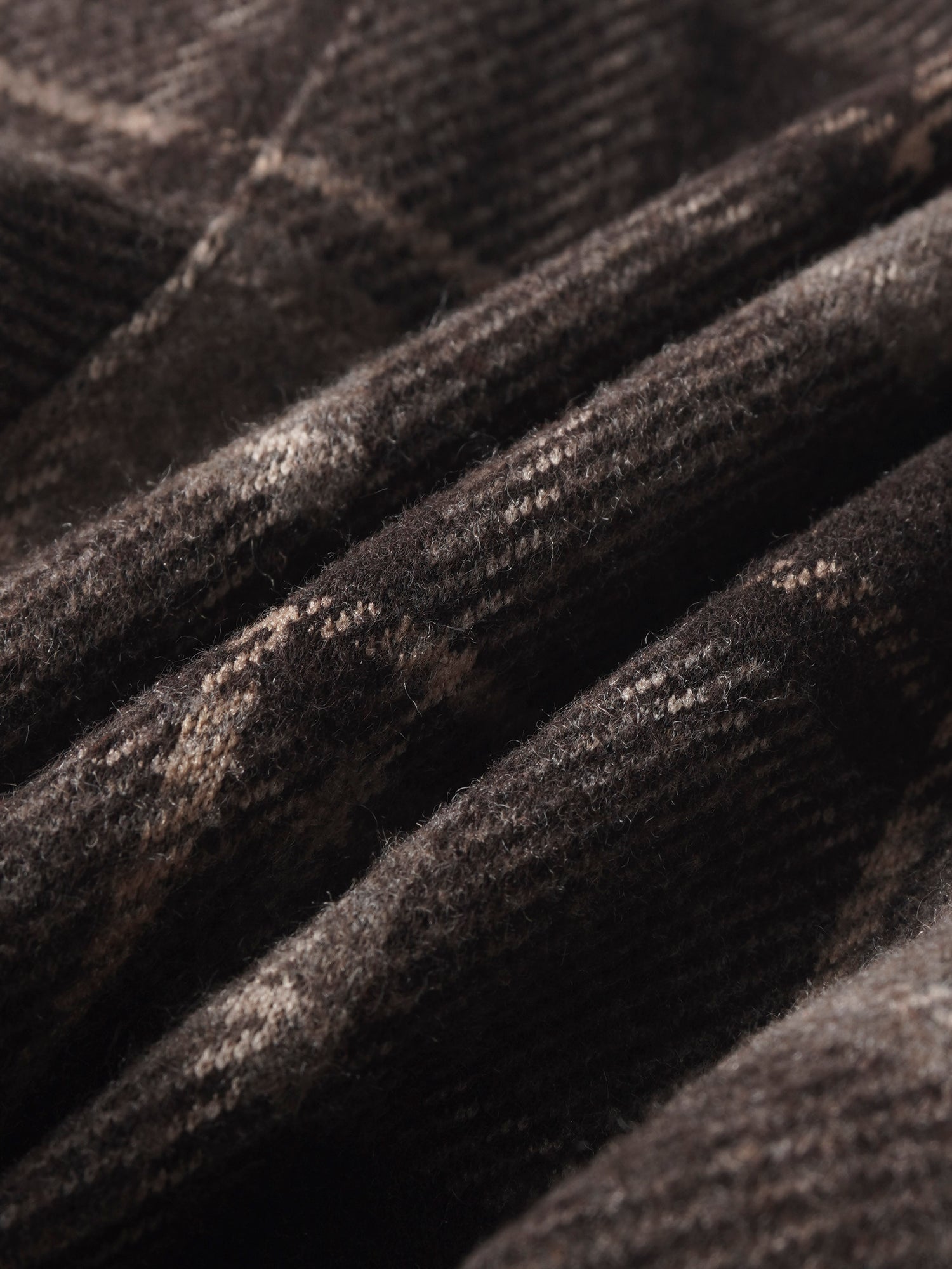 Plaid Pants - Brown fabric close-up with plaid pattern and soft wool texture