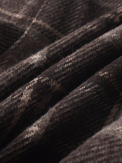 Plaid Pants - Brown fabric close-up with plaid pattern and soft wool texture