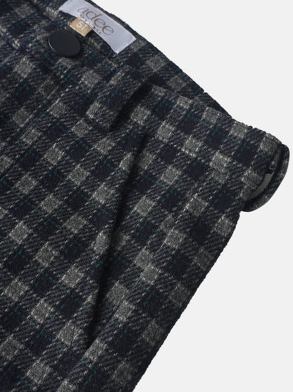 Plaid Pants - Navy by Adee; dressy boys bottoms in dark gray and navy plaid with teal accents, front button.