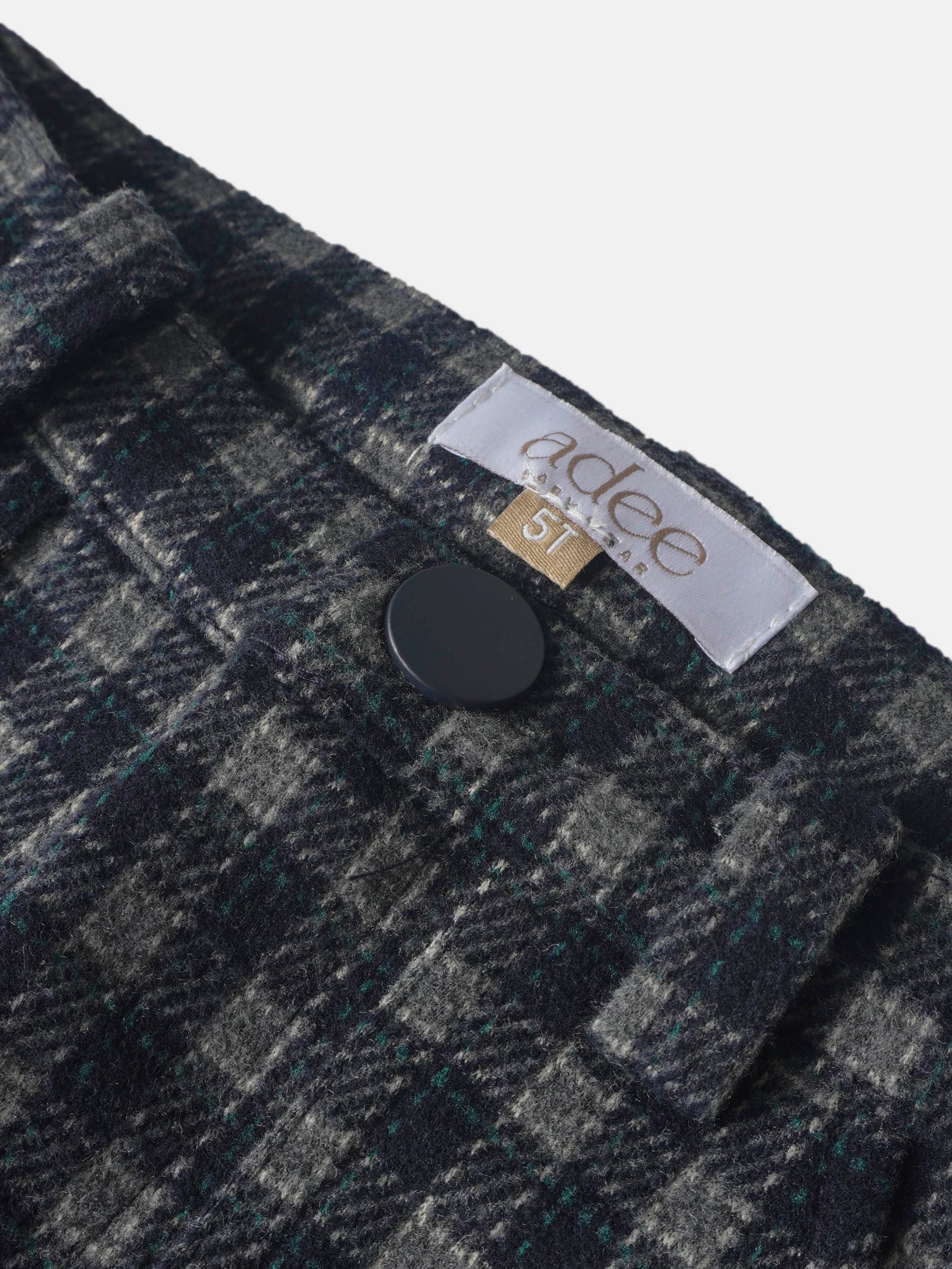 Adee boys navy plaid dressy pants with a black button, wool-blend fabric