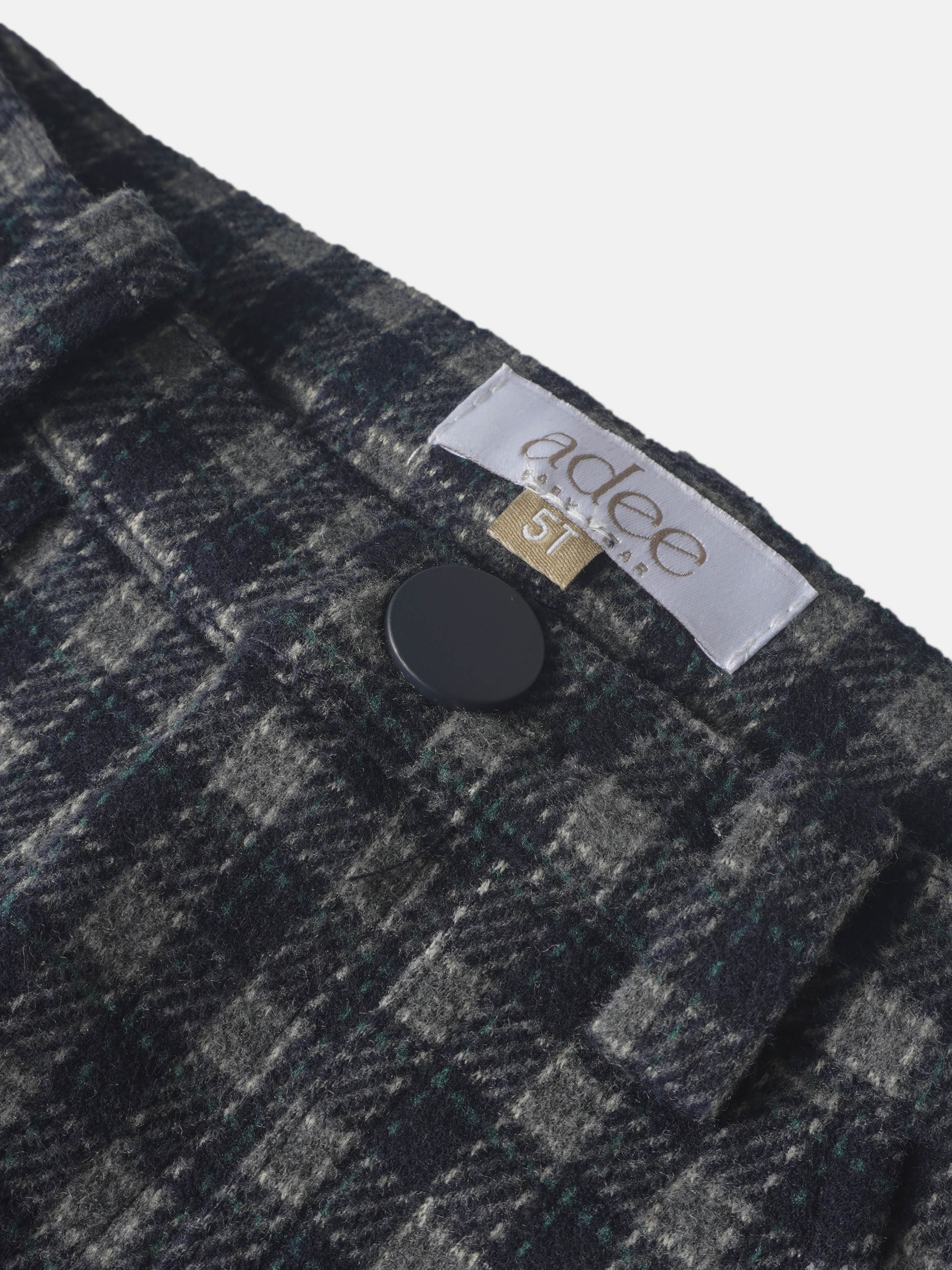 Adee boys navy plaid dressy pants with a black button, wool-blend fabric