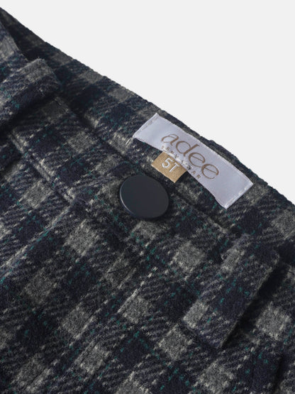Adee boys navy plaid dressy pants with a black button, wool-blend fabric