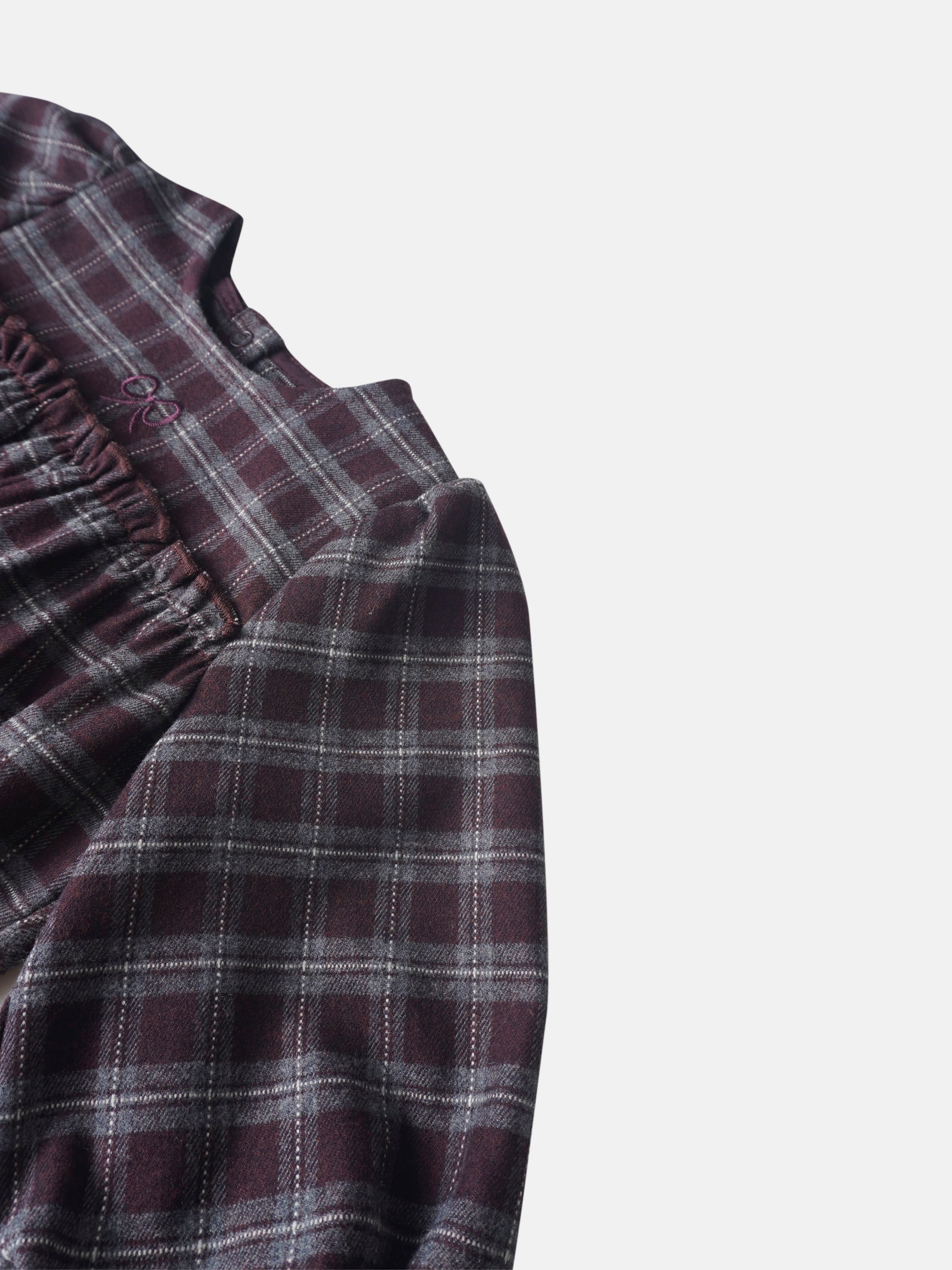 Plaid Burgundy Girls Romper close-up; elastic cuff detail, Adee brand