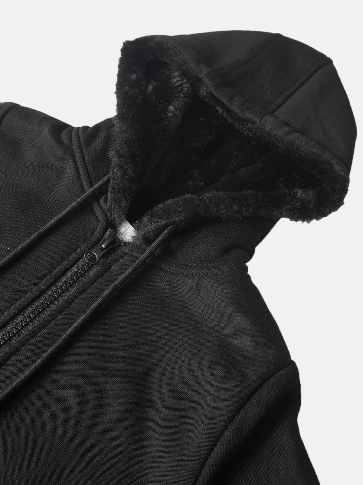 Fur Lined Sweatshirt - Black, Adee unisex top with plush fur-lined hood and zip closure