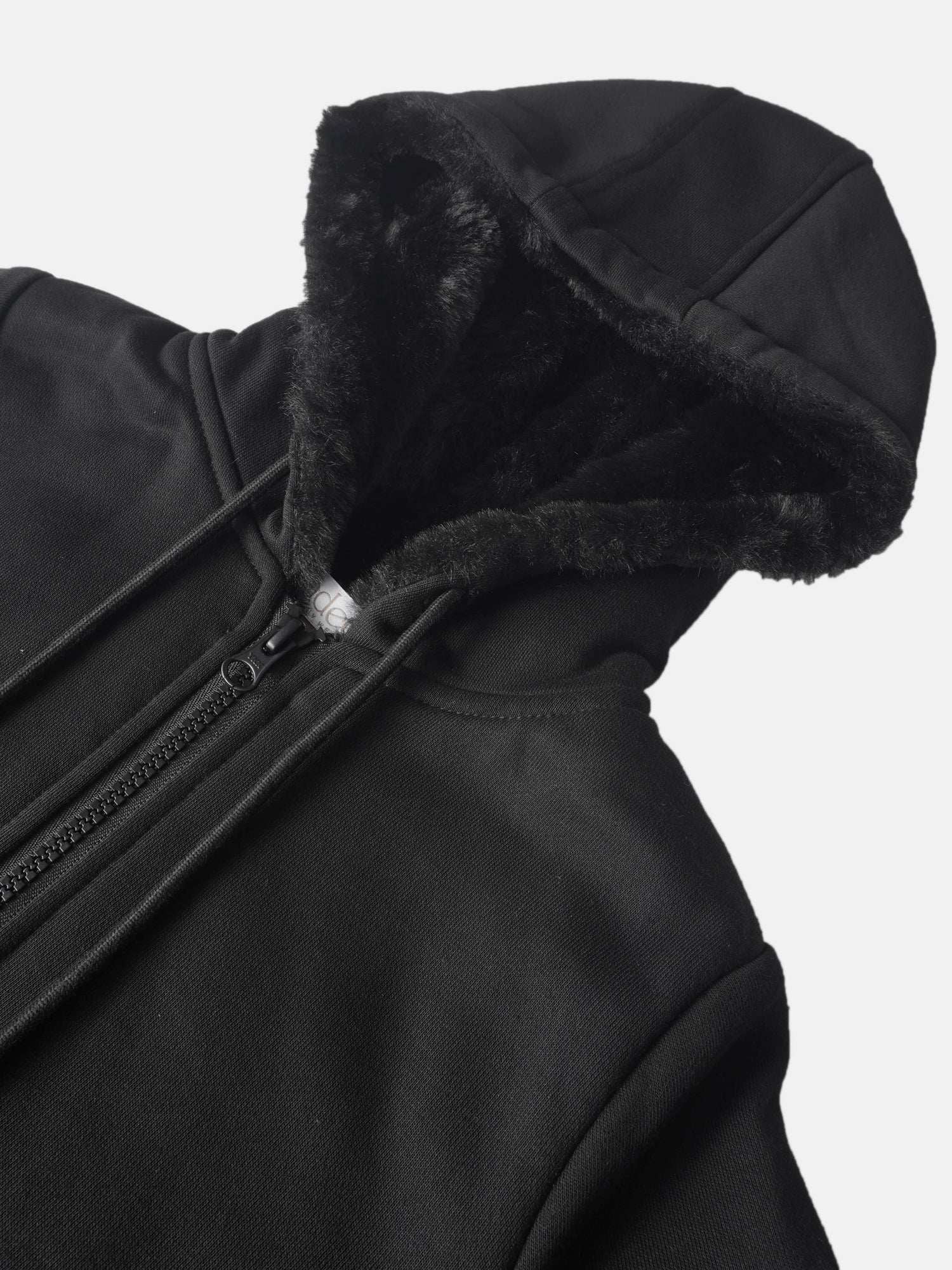 Fur Lined Sweatshirt - Black, Adee unisex top with plush fur-lined hood and zip closure