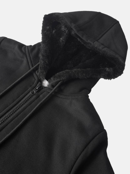 Fur Lined Sweatshirt - Black, Adee unisex top with plush fur-lined hood and zip closure