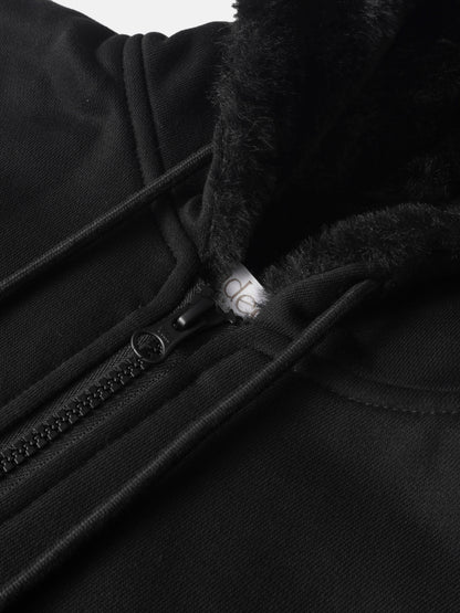 Fur-lined black unisex sweatshirt by Adee with front zipper and plush interior
