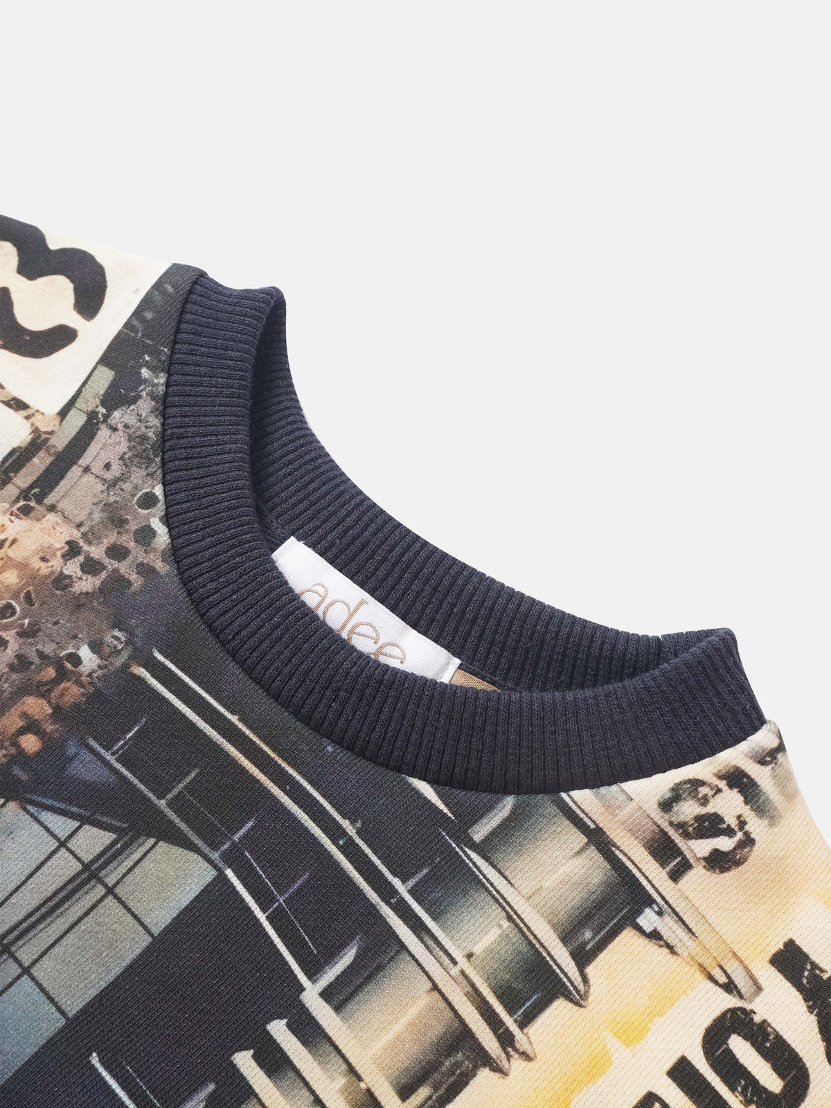 Skyscraper Sweatshirt for boys by Adee; navy knit collar with city skyline print.