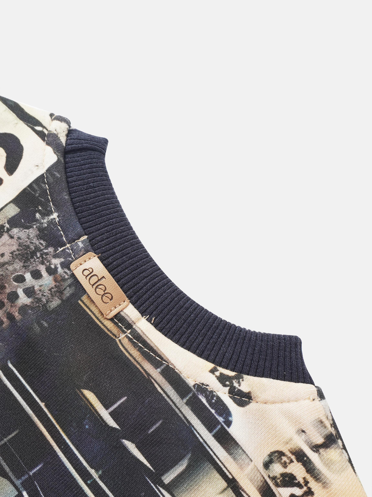 Skyscraper Sweatshirt for boys by Adee; navy ribbed collar with urban denim print