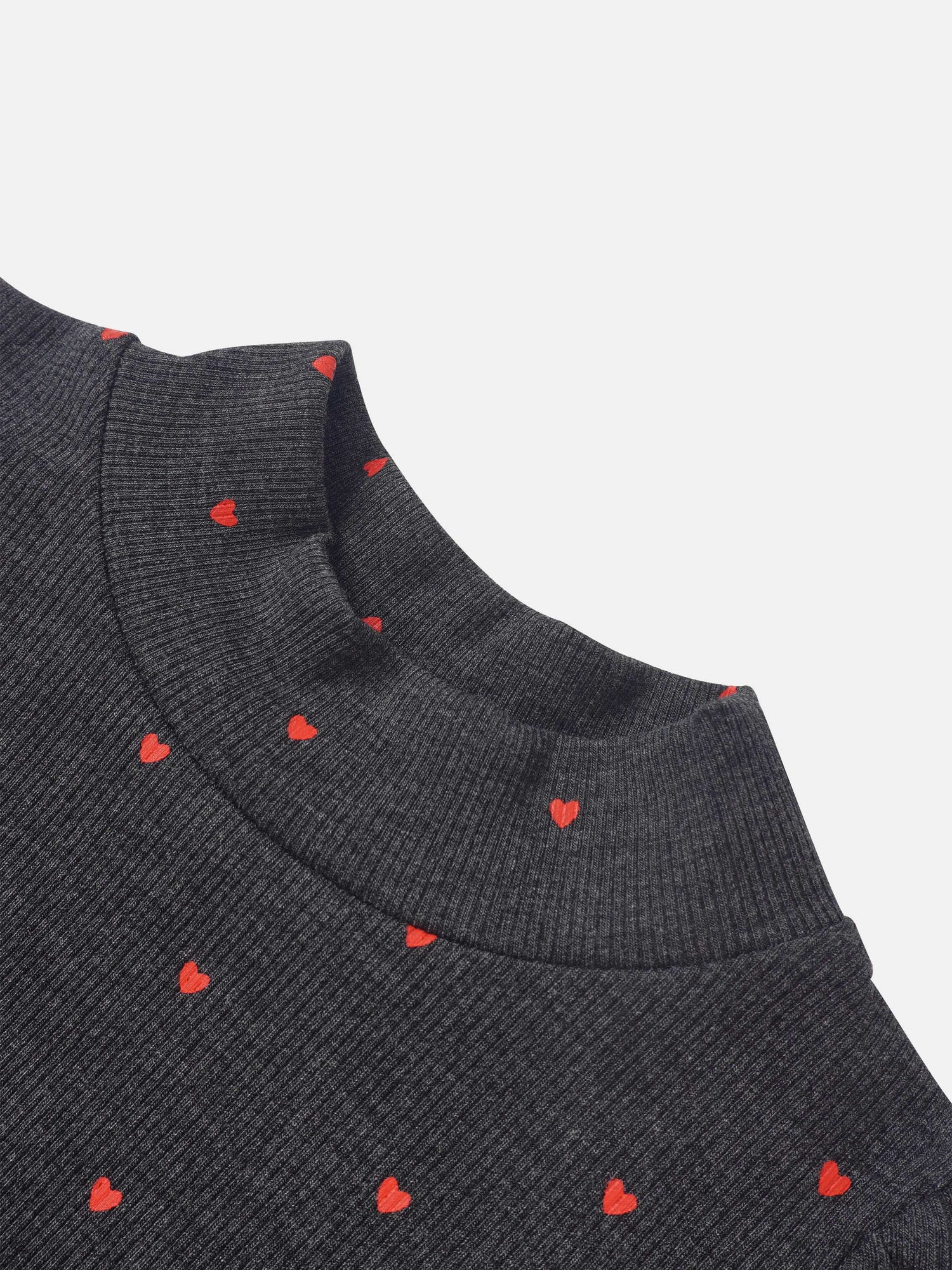 Ribbed Heart Mock Neck T-shirt for girls, grey fabric with red hearts