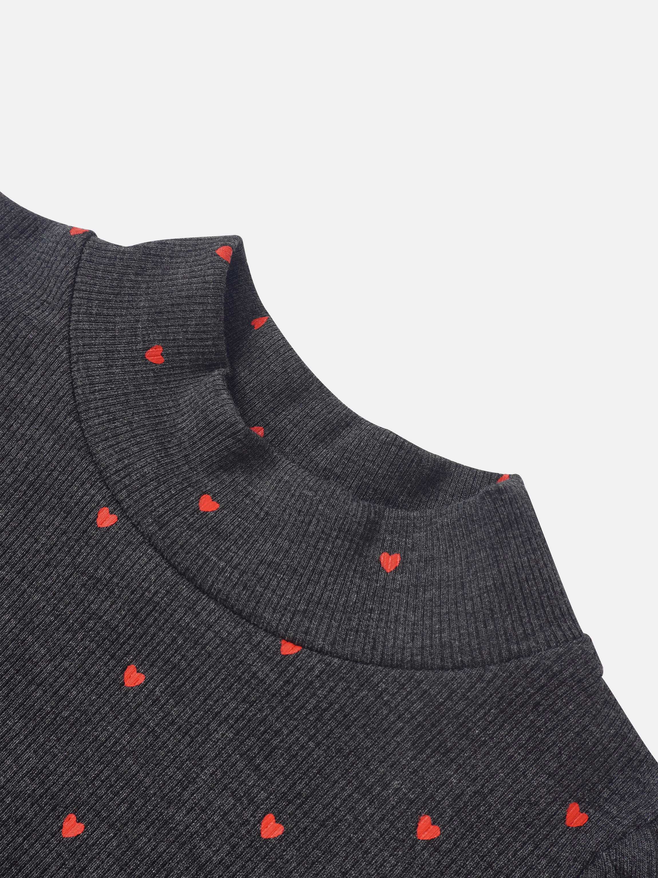 Ribbed Heart Mock Neck T-shirt for girls, grey fabric with red hearts