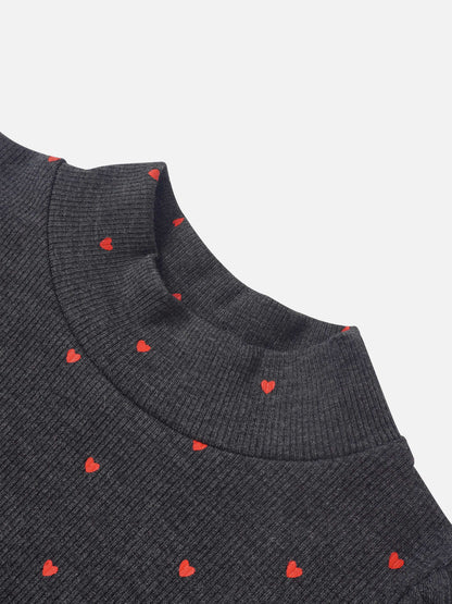 Ribbed Heart Mock Neck T-shirt for girls, grey fabric with red hearts