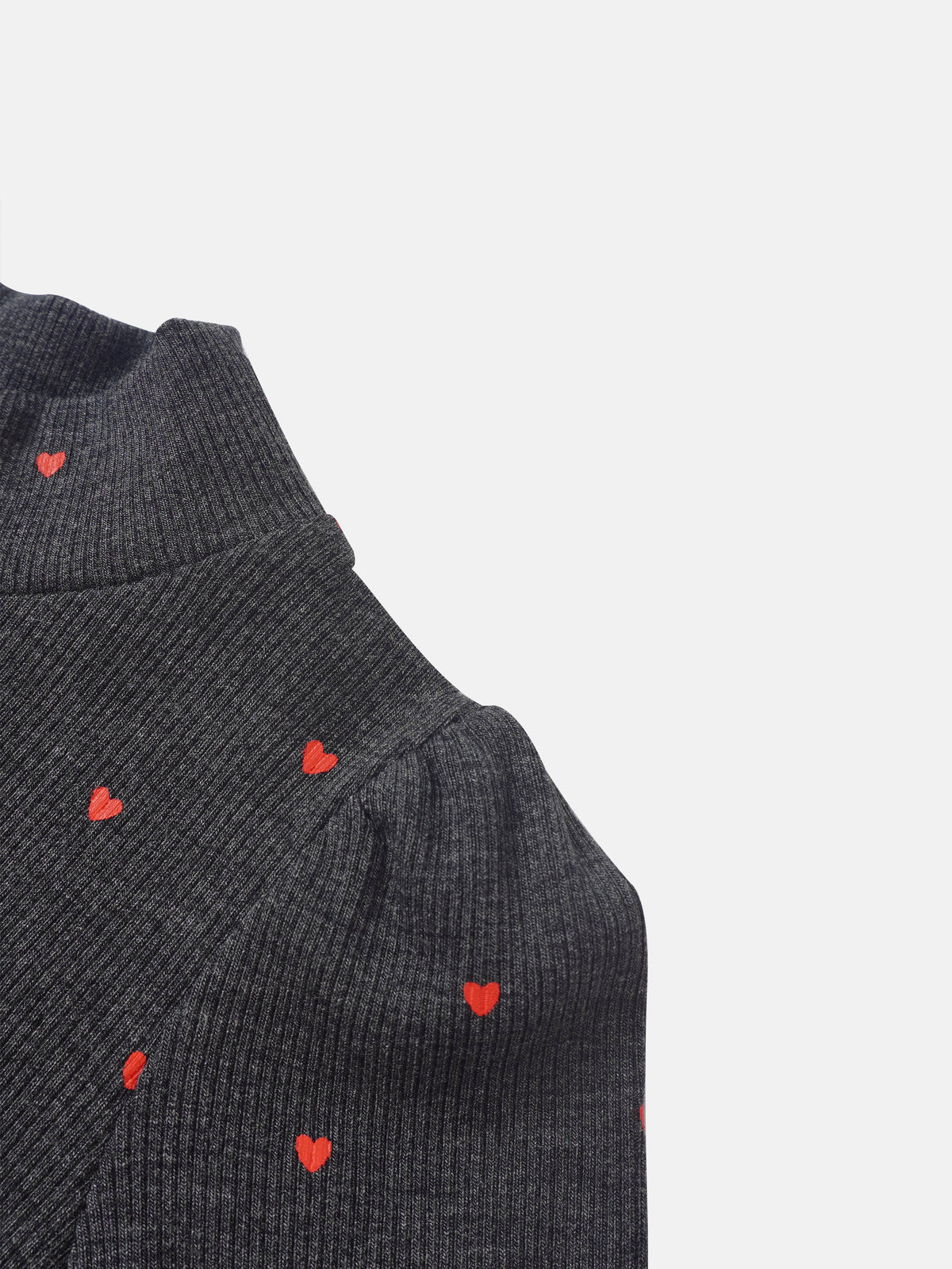 Ribbed Heart Mock-Neck T-Shirt, grey with red hearts; Adee girls top.