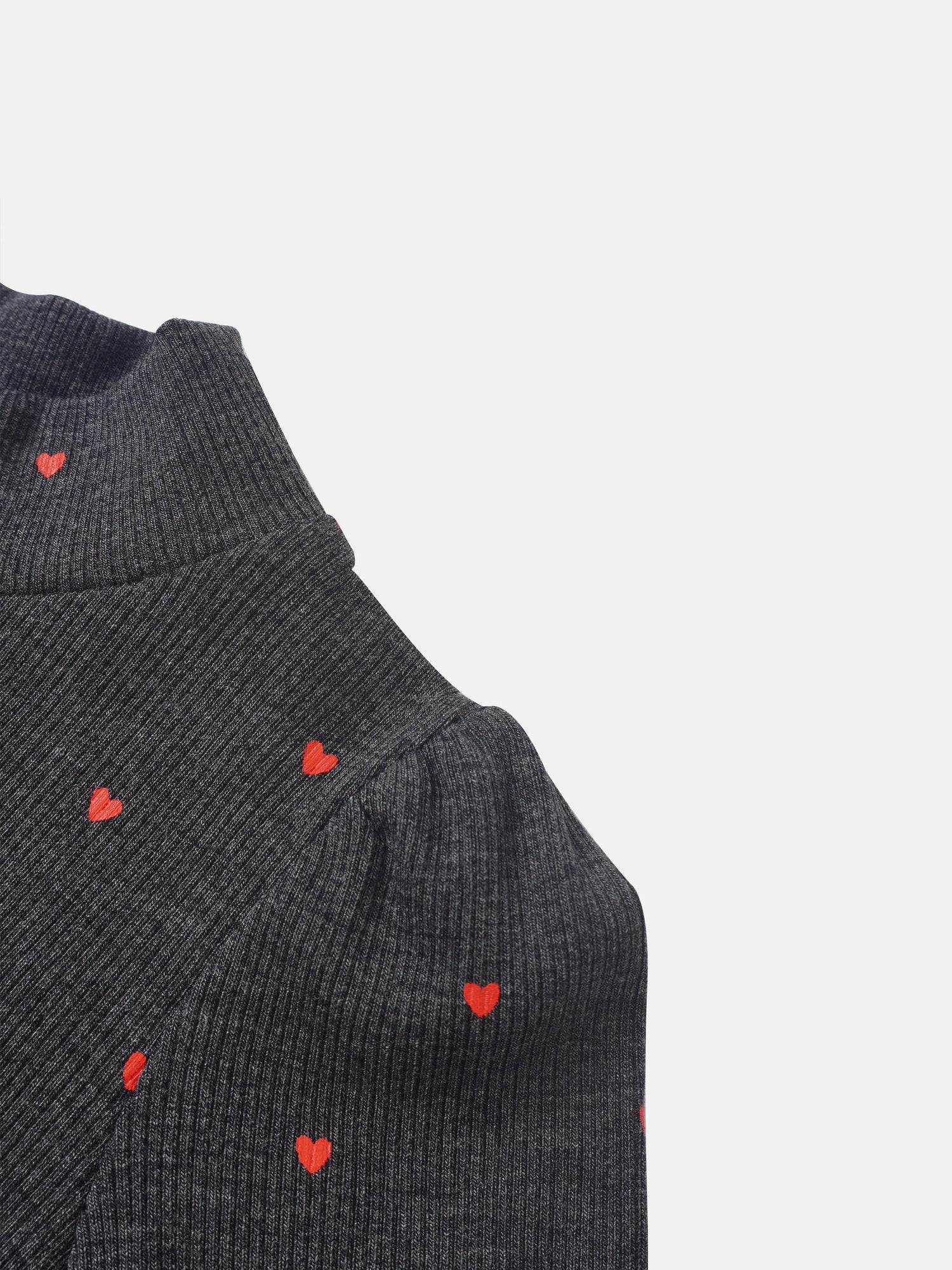 Ribbed Heart Mock-Neck T-Shirt, grey with red hearts; Adee girls top.