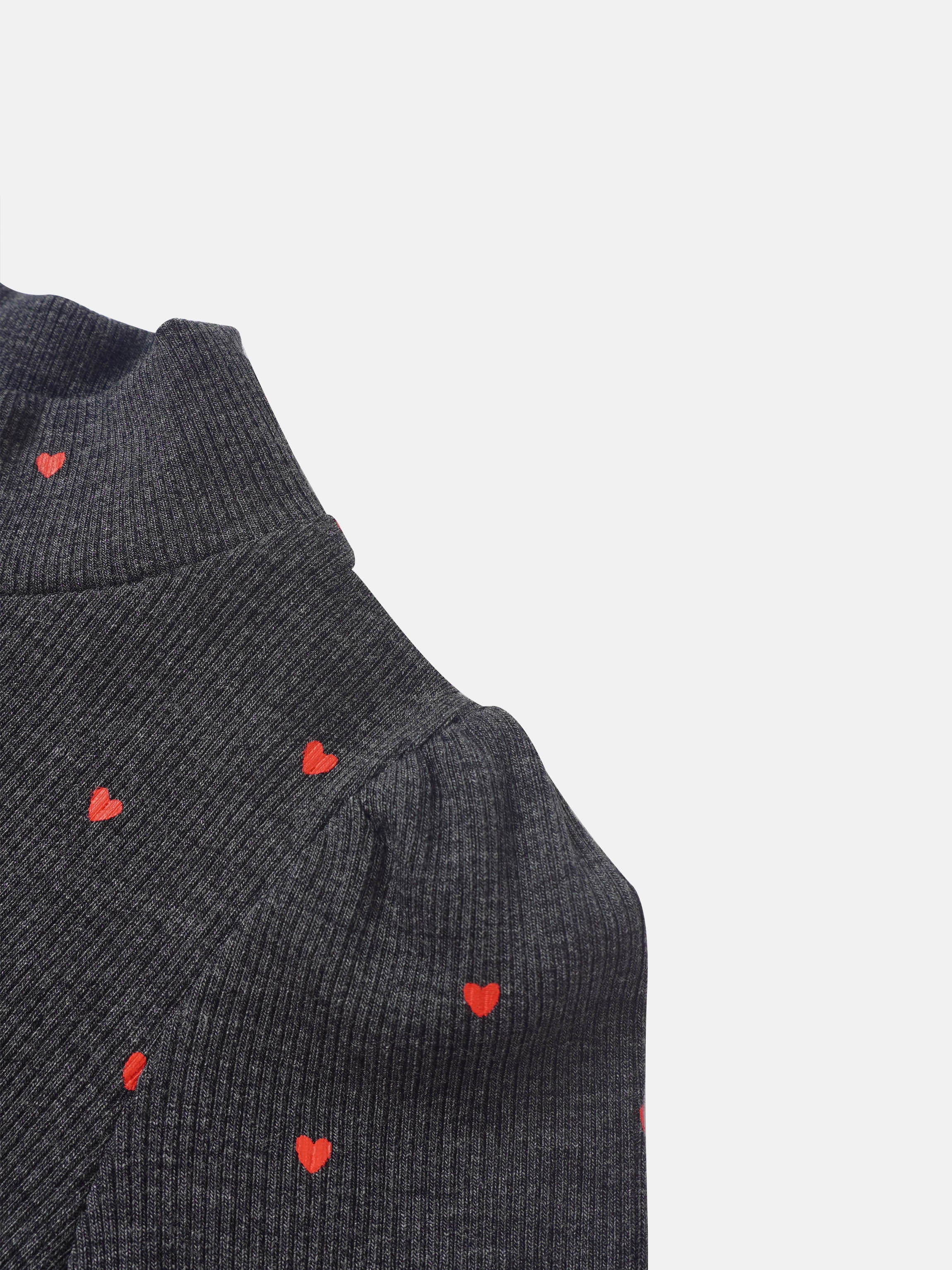 Ribbed Heart Mock-Neck T-Shirt, grey with red hearts; Adee girls top.